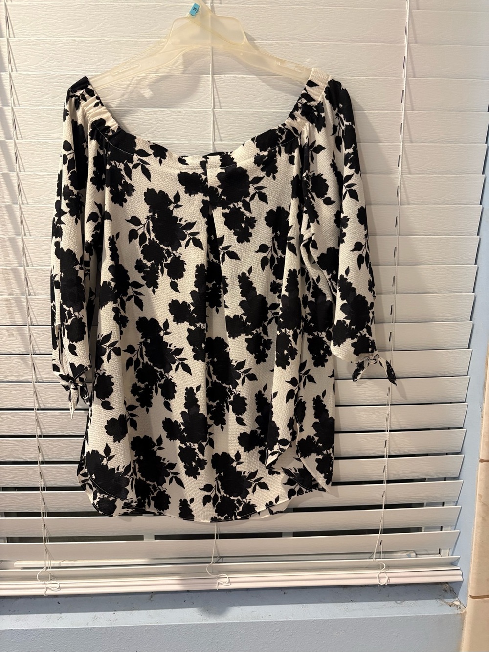 Black & White Floral Off-Shoulder Blouse with Tie Sleeves